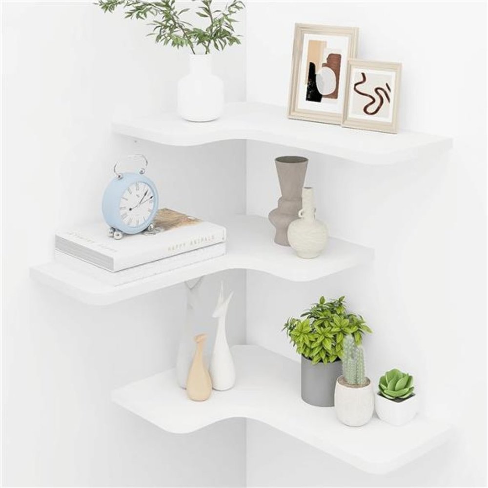 Set of 3 Corner Wall Shelves with Wire Hole, L-Shaped Wood Shelf, White